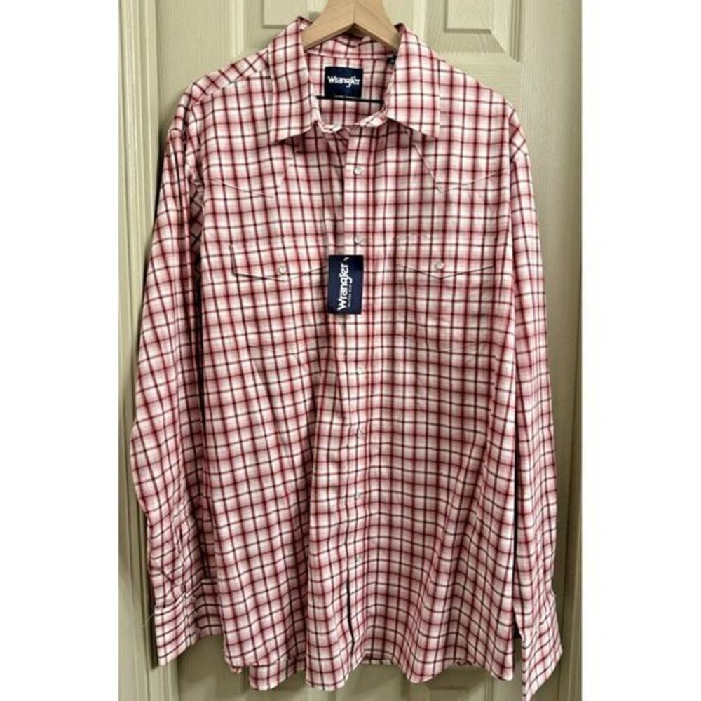 NWT Wrangler Men's XLT Western Style Red‎ Plaid Button Up Long Sleeve Pearl Snap